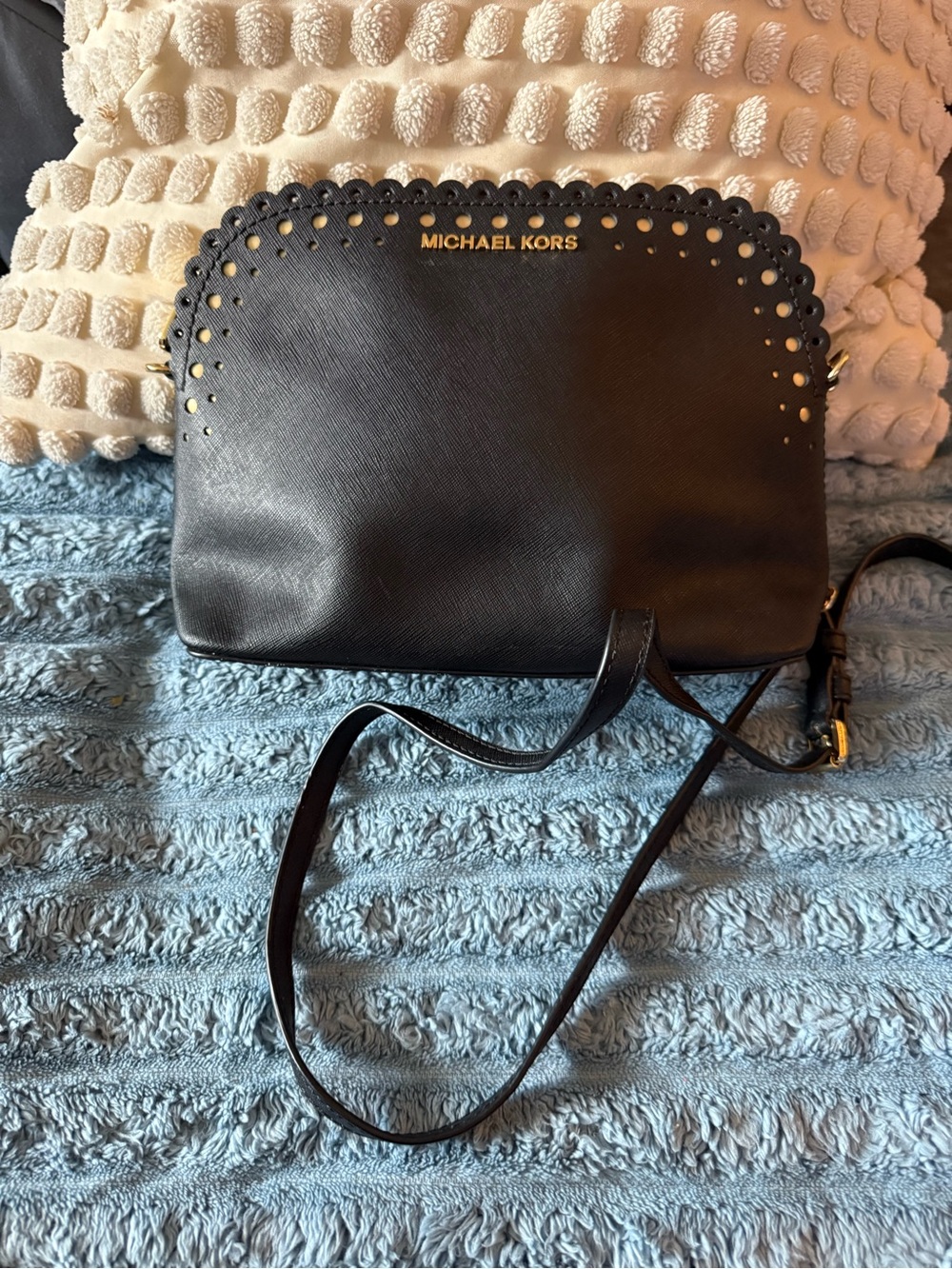 Michael Kors Black Leather Scalloped Crossbody Bag with Gold Accents